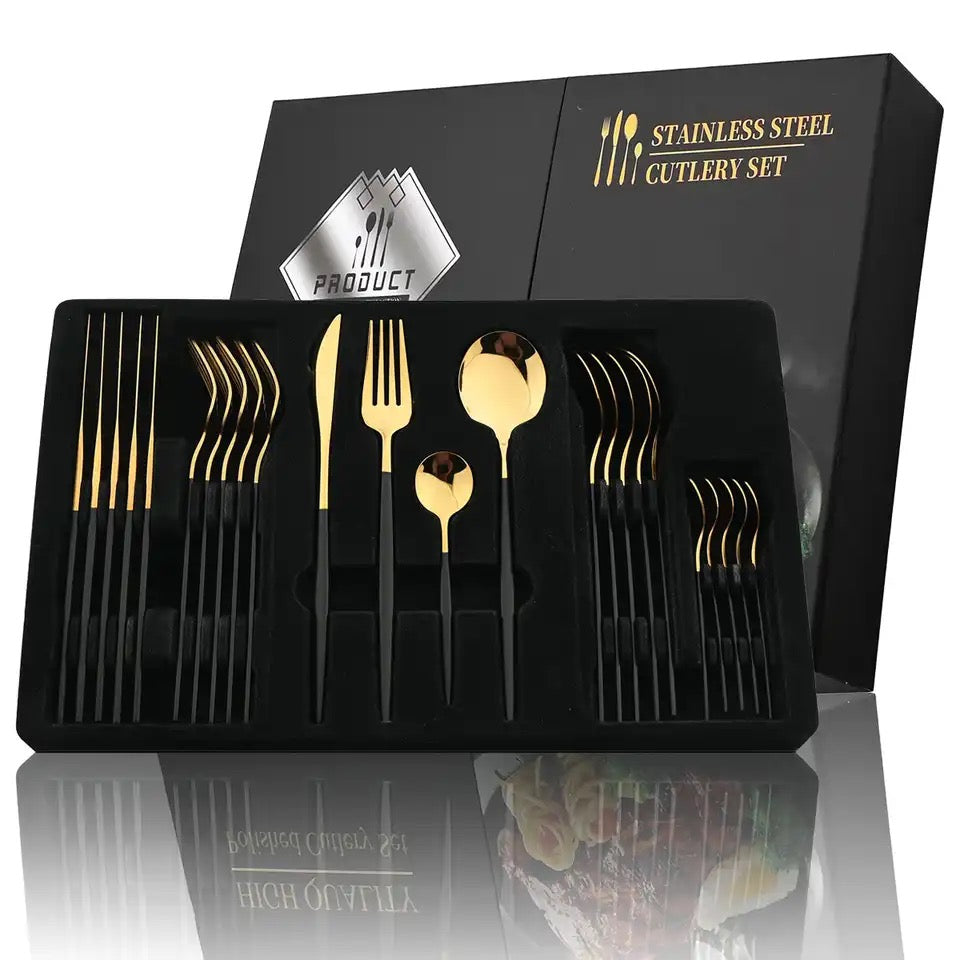 24-Piece Golden-Black Matte Spoon Set โ Round Shape