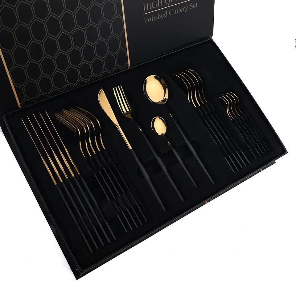 24-Piece Golden-Black Matte Spoon Set โ Round Shape