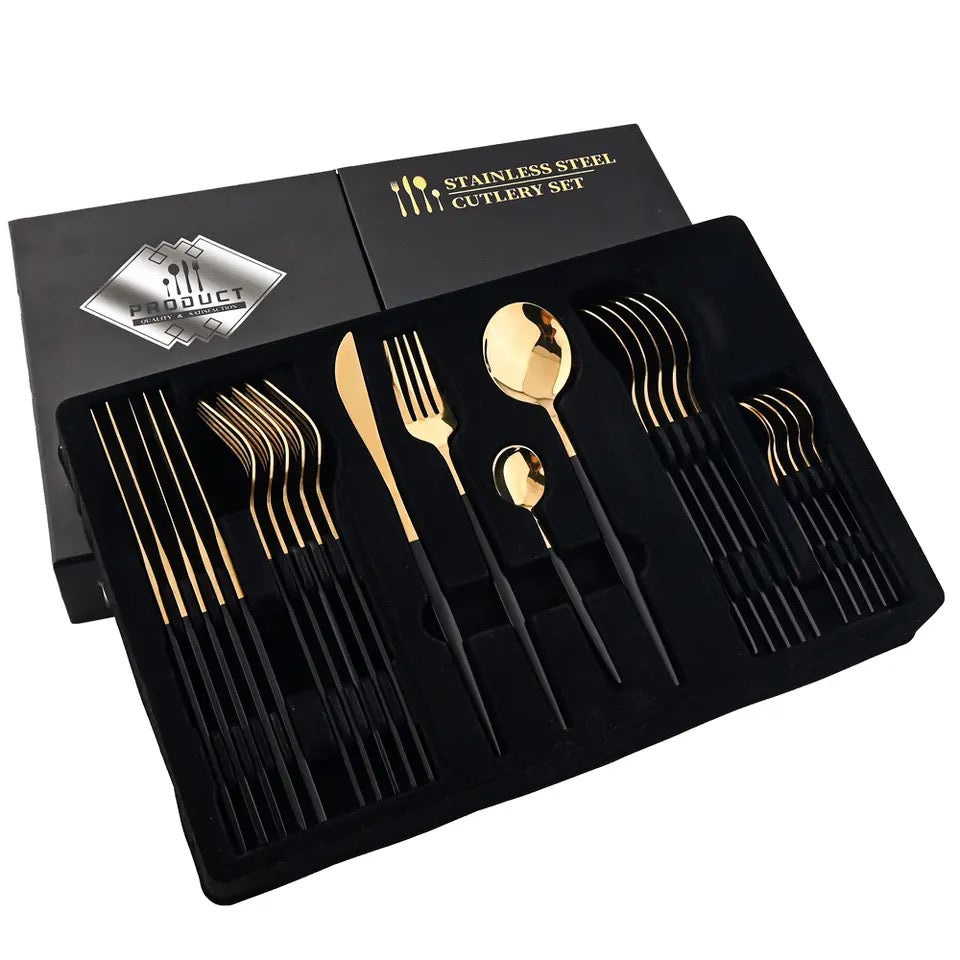 24-Piece Golden-Black Matte Spoon Set โ Round Shape