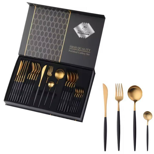 24-Piece Golden-Black Matte Spoon Set – Round Shape